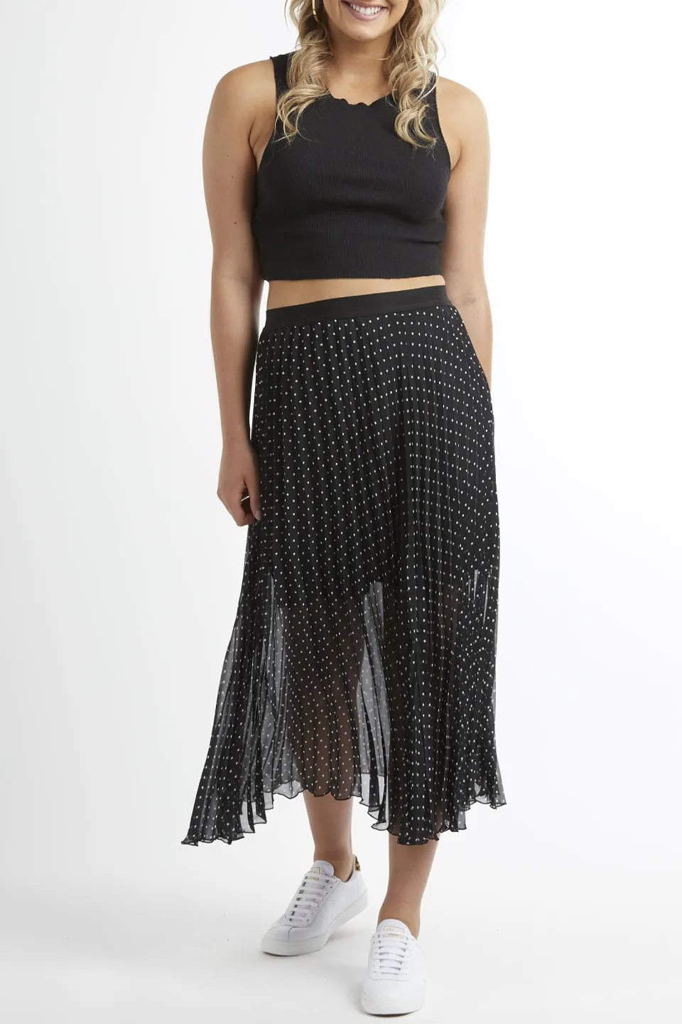 Split Sunray Pleated Black with White Spot Georgette Skirt