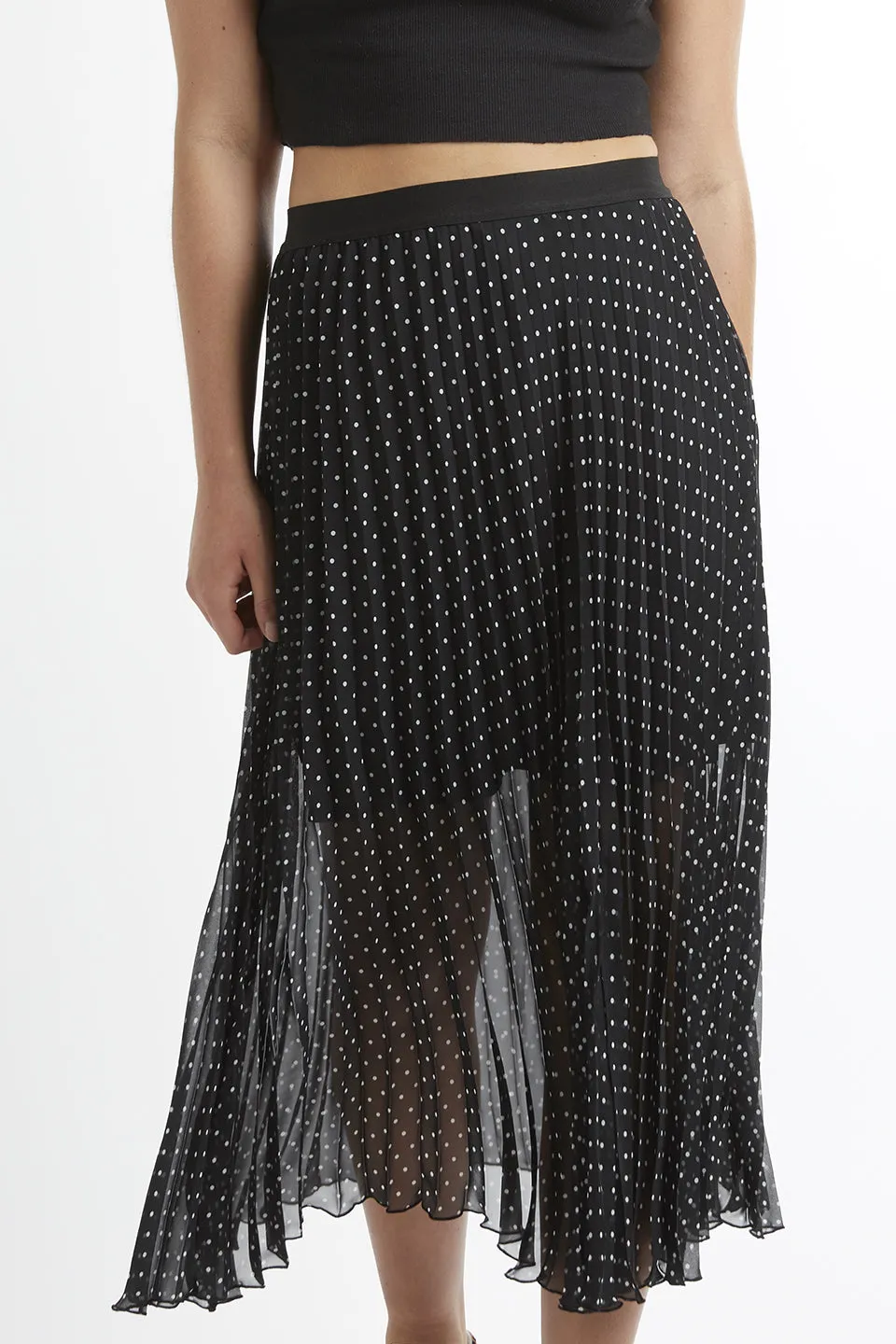 Split Sunray Pleated Black with White Spot Georgette Skirt