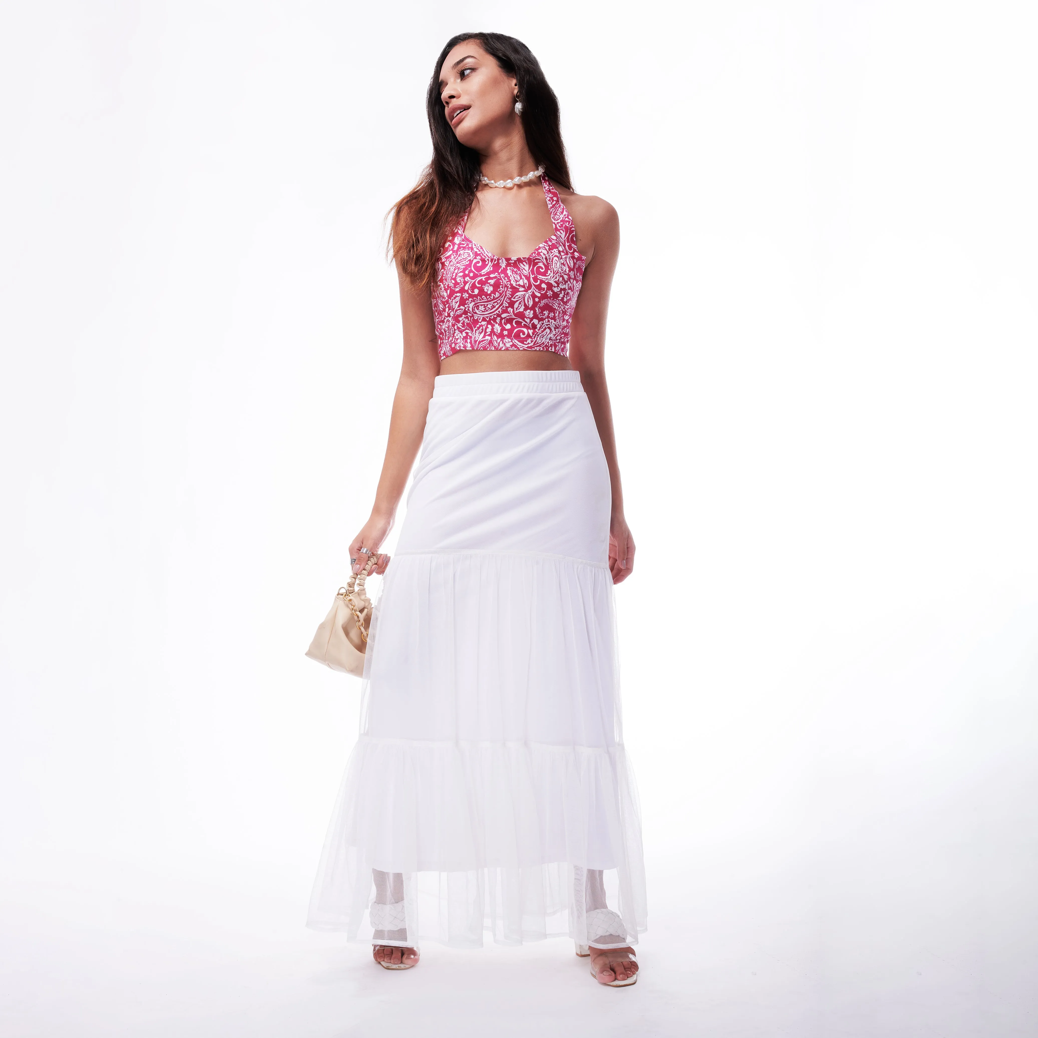 Tier White Mesh Maxi Skirt