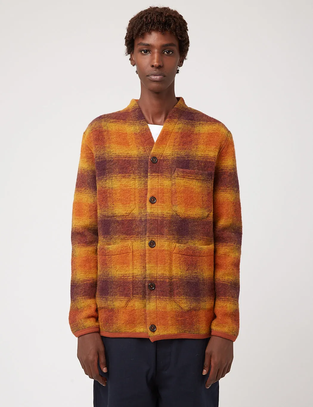 Universal Works Cardigan (Checked Wool Fleece) - Gold/Claret Orange