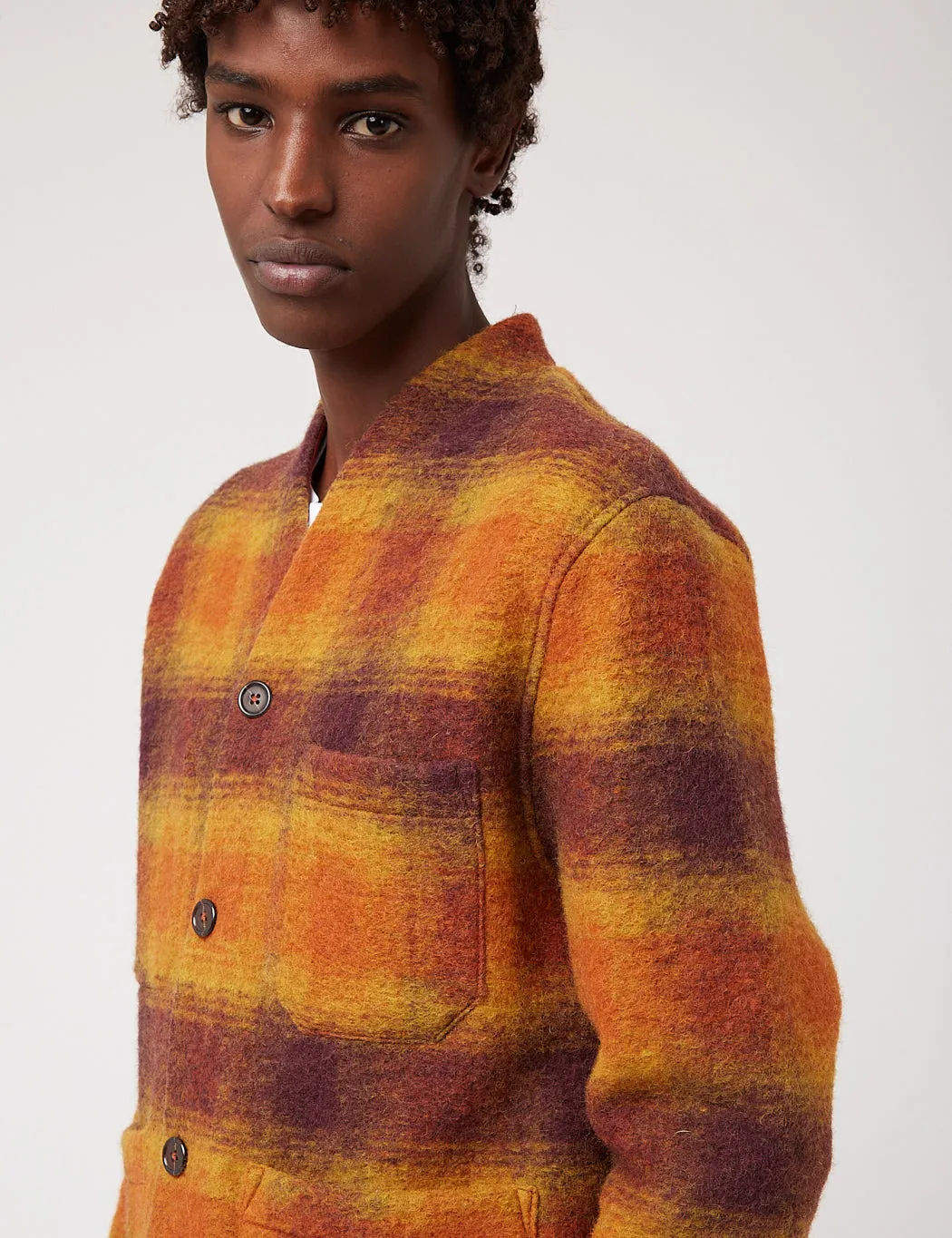 Universal Works Cardigan (Checked Wool Fleece) - Gold/Claret Orange