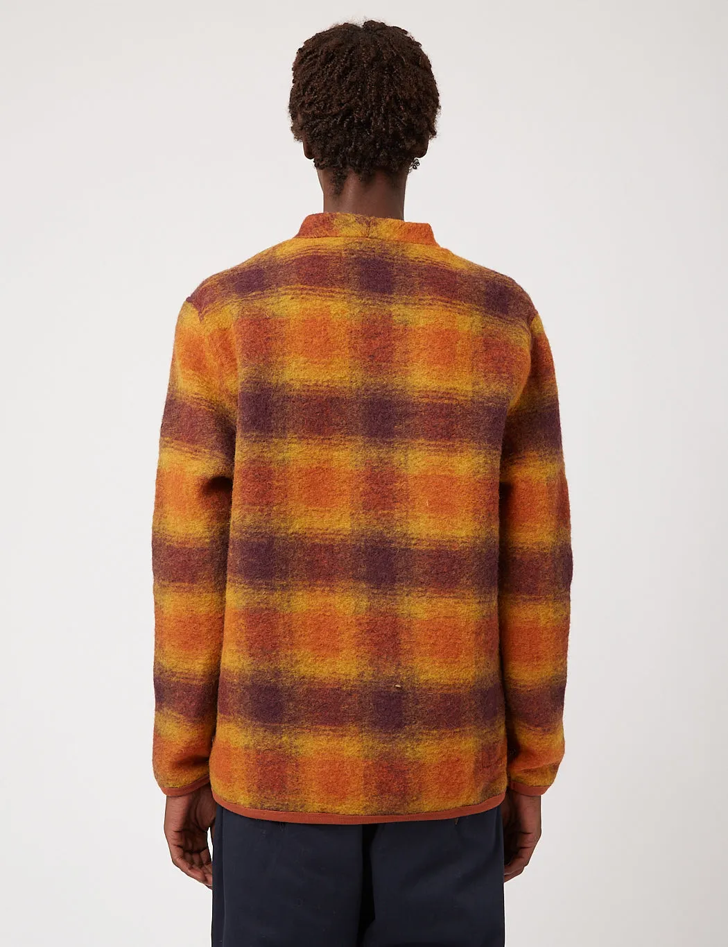 Universal Works Cardigan (Checked Wool Fleece) - Gold/Claret Orange