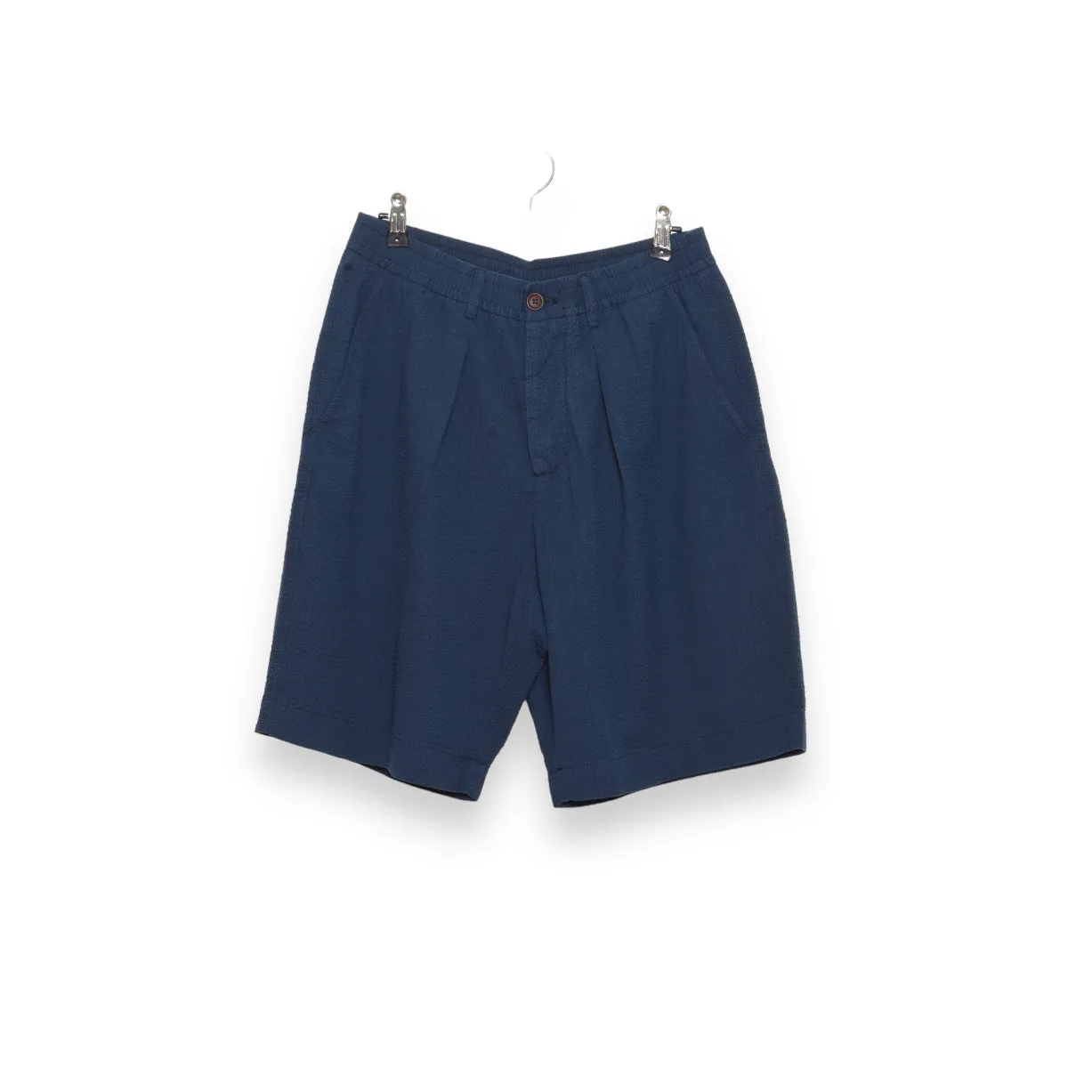 Universal Works Pleated Track Short cotton seersucker navy 28907