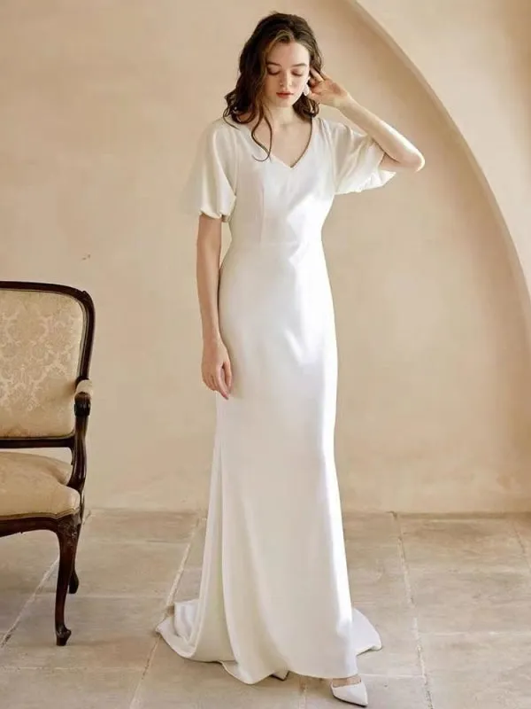 White Simple Wedding Dress With Train A-Line Mermaid V-Neck Short Sleeves Polyester Bridal Dresses