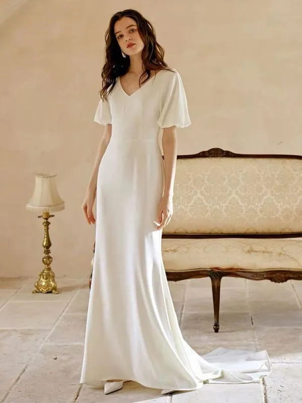 White Simple Wedding Dress With Train A-Line Mermaid V-Neck Short Sleeves Polyester Bridal Dresses