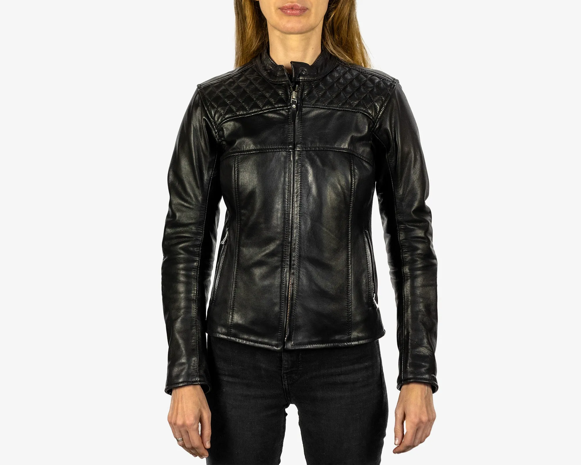 Women's Motorcycle Leather Jacket | Cafe Racer Style | Black Leather