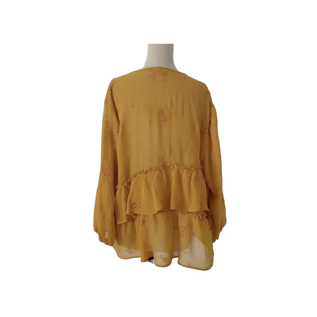 ZARA Mustard Embroidered Sheer Blouse | Gently Used |